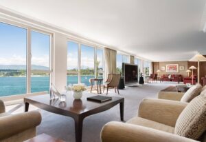 Topping the list of the world's most expensive hotel suites is the Royal Penthouse Suite at Hotel President Wilson in Geneva, Switzerland.